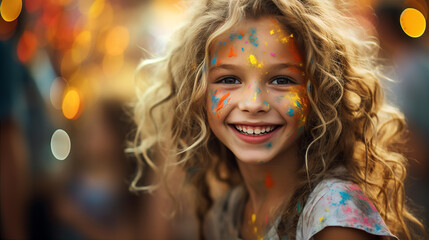 Happy adorable little girl with faceprinting at birthday party, portrait, smiling to camera