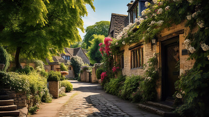 Fototapeta na wymiar Beautiful idyllic old English village street with cottages made of stone and front gardens with flowers