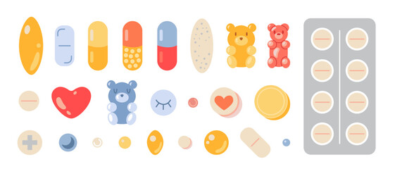 Set of cute pills and capsules, cartoon style. Treatment and health care. Medicines, tablets, capsules, gummy bear, drug of painkillers, antibiotics, vitamins. Isolated flat vector illustration