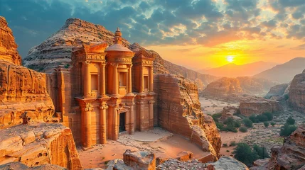 Photo sur Plexiglas Vieil immeuble Beautiful ruins of ancient temples in Jordan, nabatienh architecture in desert. Temples with columns at sunset, travel and history concept