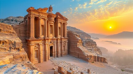 Beautiful ruins of ancient temples in Jordan, nabatienh architecture in desert. Temples with columns at sunset, travel and history concept © IRStone