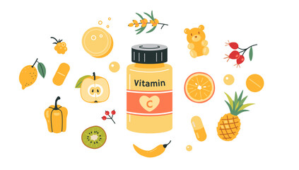 A jar of vitamin C in tablets, capsules or gummy bears and foods enriched with ascorbic acid. Fruits, berries and vegetables. Immune support set. Isolated vector illustration, hand drawn, flat