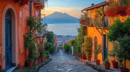 Amalfi coast look-like landscape, Italian town on the sea, terraced houses decorated with flowers. Mediterranean travel concept - obrazy, fototapety, plakaty
