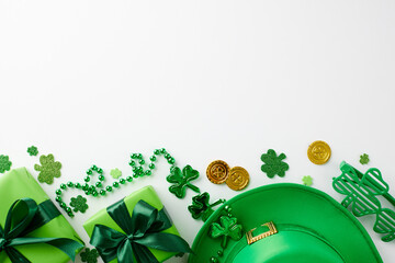 Emerald moments: St. Patrick's Day celebration and gifting. Top view shot of gift boxes, leprechaun...