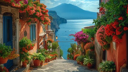 Amalfi coast look-like landscape, Italian town on the sea, terraced houses decorated with flowers....