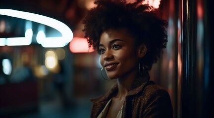 Portrait of young woman at night street, staying next to neon lights of nightclub  - obrazy, fototapety, plakaty