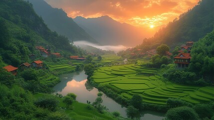 Beautiful landscape of China rural countryside with rive and traditional houses at sunset 