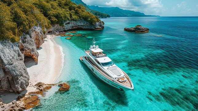 Beautiful drone photo of Caribbean island with white beach and yacht