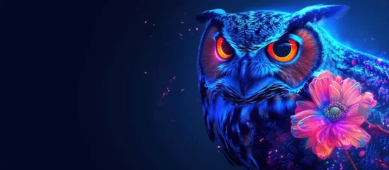 Gardinen Portrait owl night bird animal in style pop art vibrant color on dark blue background. Generated AI © artpray