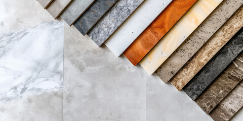 Samples of wall tiles. Assortment of tiles with different colors for bathroom and kitchen renovation and design.	
