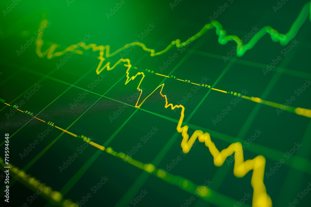 Poster a line chart index for the past 10 years with a green background and a yellow line