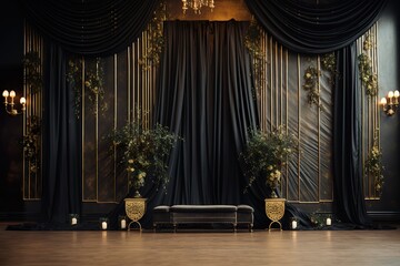 black with golden curtain wedding stage with flowers frames,