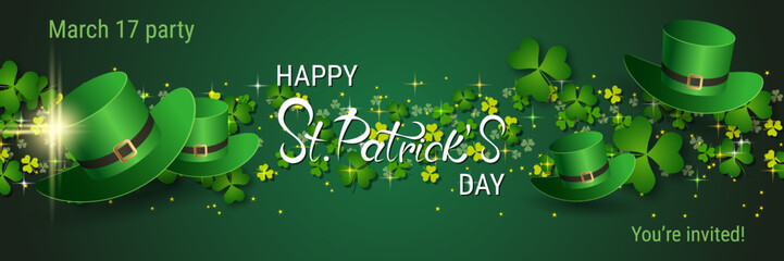 St.Patrick's Day vector banner template. Green background with clover leaves and design elements - obrazy, fototapety, plakaty