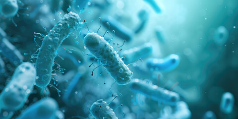Lactic Acid Bacteria Genome Database. Light blue color. Microscope shot of Lactobacillus and Bifidobacterium. 3d render illustration style. Flying Molecules in capsule form.	 - obrazy, fototapety, plakaty