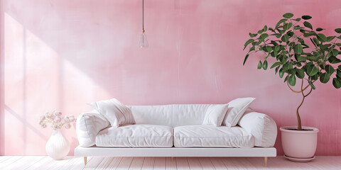 Fototapeta na wymiar Minimalist interior in a painted wall, soft sofa. Light pink, white pastel colors. Cute cozy interior composition.