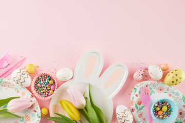 Whimsical Easter delight: kids' egg-stravaganza extravaganza. Top view photo of bunny shaped plate,...