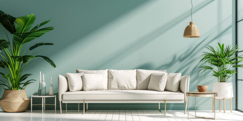 Minimalist interior in a painted wall, soft sofa. Light green white colors. Cute cozy interior composition.