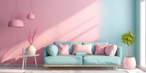 Minimalist interior in a painted wall, soft sofa. Light blue, pink, beige pastel colors. Cute cozy interior composition.