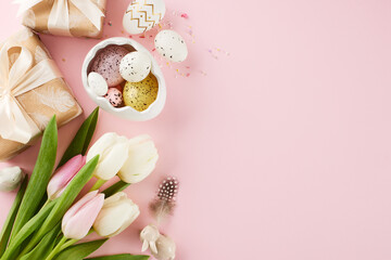 Spreading springtime delight: an abundance of easter gifts. Top view shot of gift boxes, eggs, egg-shaped saucer, tulips, feathers, sprinkles on light pink background with space for promo space - obrazy, fototapety, plakaty