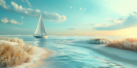 Coastal adventure, Beautiful beach with sailing boat, embracing active lifestyle. A sailing boat...