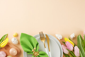 Joyful banquet creation: crafting a festive easter table. Top view shot of plates, cutlery, napkin,...