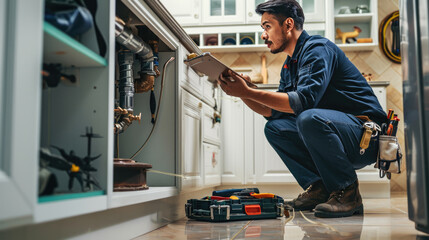 Plumber or maintenance worker crouched down, inspecting or repairing a kitchen sink - obrazy, fototapety, plakaty