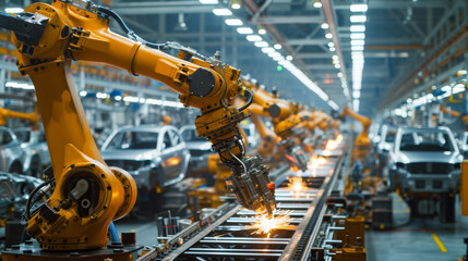 A car assembly plant with a conveyor belt and robots assembling cars