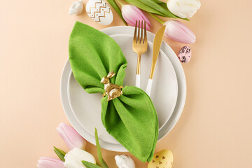 Festive springtime table: an assembly of joyful easter delights. Top view shot of plates, cutlery, napkin, eggs, tulips on beige background