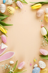 Easter joy blossoms: sharing delight and springtime happiness. Top view vertical shot of bunnies ears, eggs, flowers, sprinkles on beige background with advert space
