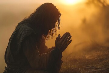 Jesus Christ prays in the morning at sunrise - obrazy, fototapety, plakaty