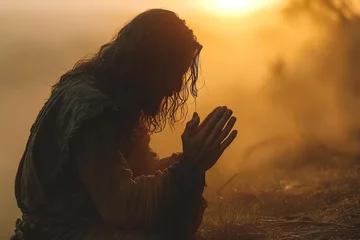 Fotobehang Jesus Christ prays in the morning at sunrise © Volodymyr