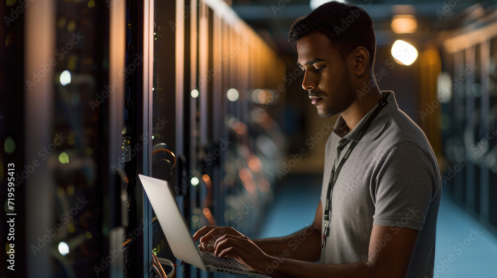 Aufkleber focused it professional using a laptop while standing in a server room with racks of network equipme