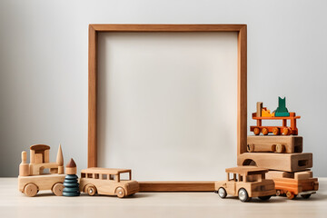 Front view of square wooden photo frame with wooden colorful toys