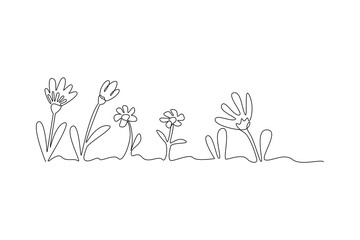 Single one line drawing of mini garden with beautiful flowers, watering houseplants growing in greenhouse with watering can. Continuous line draw design graphic vector illustration