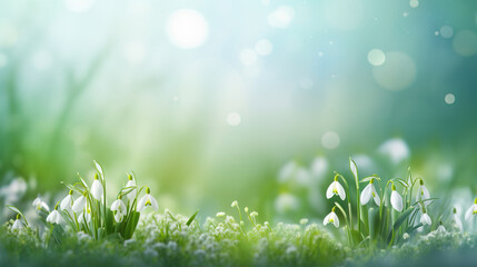 Fototapeta na wymiar Spring background with white snowdrops on blurred background, copy space