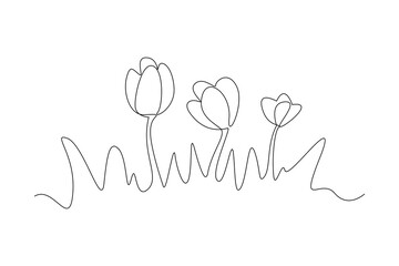 Single one line drawing of dancing flowers in gardwen, watering houseplants growing in greenhouse with watering can. Continuous line draw design graphic vector illustration © Vectorillustrator
