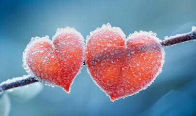 digital image of two heart-shaped leaves covered with frost - obrazy, fototapety, plakaty