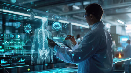 Healthcare professional is using a tablet that displays a holographic projection of a human anatomy model, showcasing various internal systems. - obrazy, fototapety, plakaty