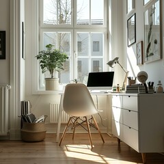 White-themed home office with a simple desk and chair, providing an uncluttered environment for focused design work. [White-themed home office with simple furniture