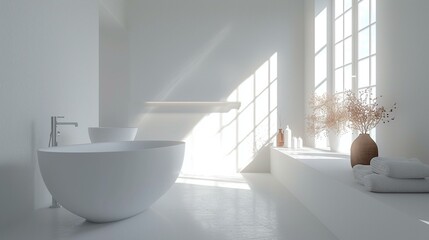 Fototapeta na wymiar All-white bathroom with minimalist fixtures, showcasing simplicity and providing a clean slate for creative design elements. [All-white bathroom with minimalist fixtures