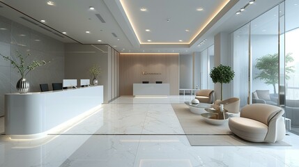 Reception area with sleek furniture and a spacious layout, ideal for professional design presentations. [Reception area with sleek furniture