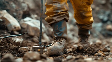 Handheld Mine Detector: Close-up of a deminer using a handheld mine detector in a cautious and methodical manner. [Handheld Mine Detector - obrazy, fototapety, plakaty