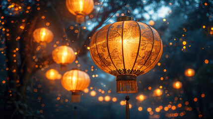 Obraz premium Soft Glows Emanating from Suspended Golden Lanterns Background