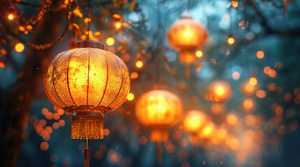 Fototapeta na wymiar Soft Glows Emanating from Suspended Golden Lanterns Background