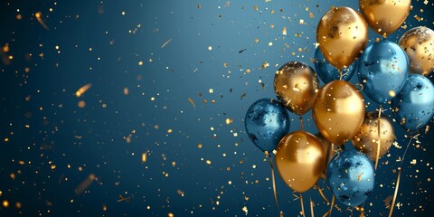 Obraz na płótnie Canvas Colorful baloons large banner design celebration. Blue background with confetties.