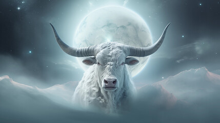 Weißer Stier vor Vollmond / Planet. Surreale Illustration.