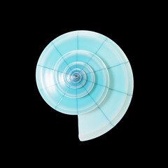 Blue spiral shell with pearlescent sheen on black background 3D render. Sea animals. Marine life objects. Seashell summer symbol concept.