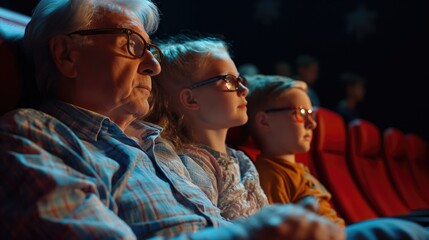 Fototapeta na wymiar Elderly Man With Two Children Enjoying a Movie in a Theater at Evening