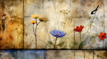 Vintage background with flowers and birds on grunge textured paper