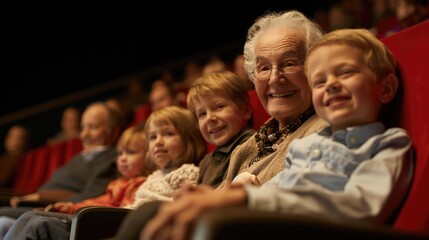 Elderly Man and Children Enjoying a Movie in a Theater at Evening